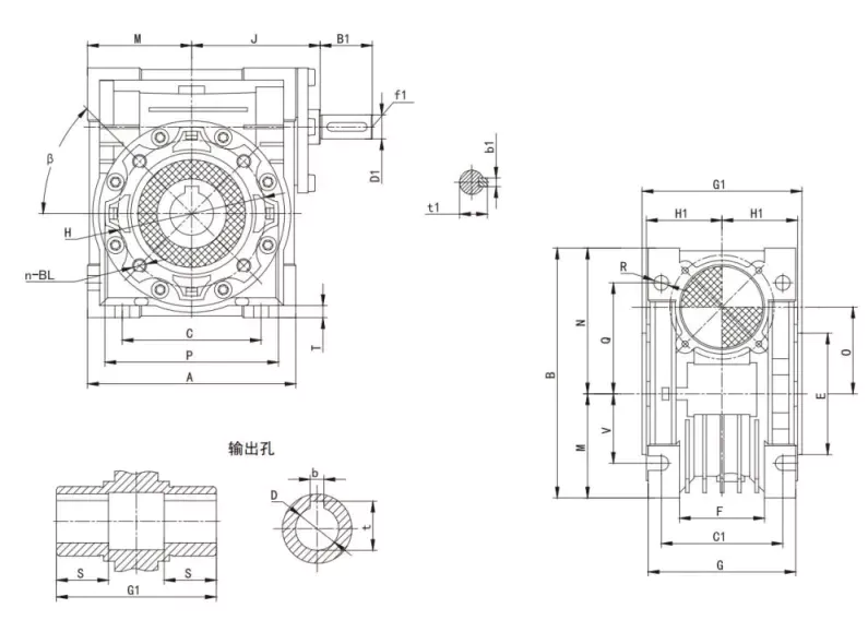 EPNRV030 shaft-input worm reducer dimension drawing with key measurements
