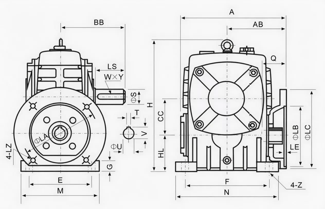 WPDA flange-mounted worm gear reducer dimensional specification