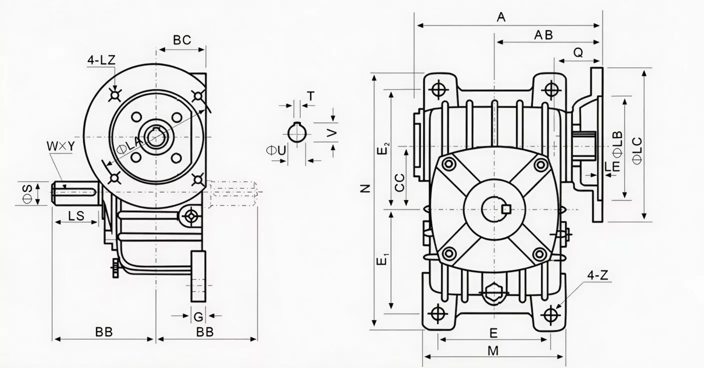 WPDX dual output flange-mounted worm reducer specification drawing