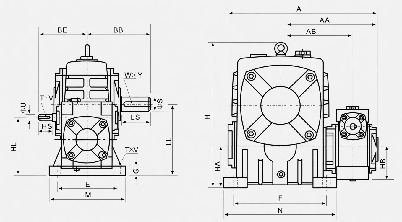 WPEA double speed worm gear reducer dimensional specification drawing