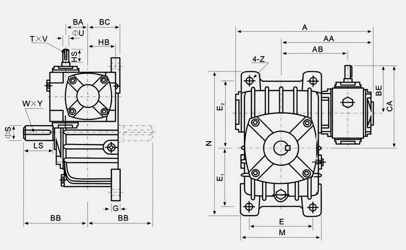 WPEX dual output double speed worm reducer specification drawing
