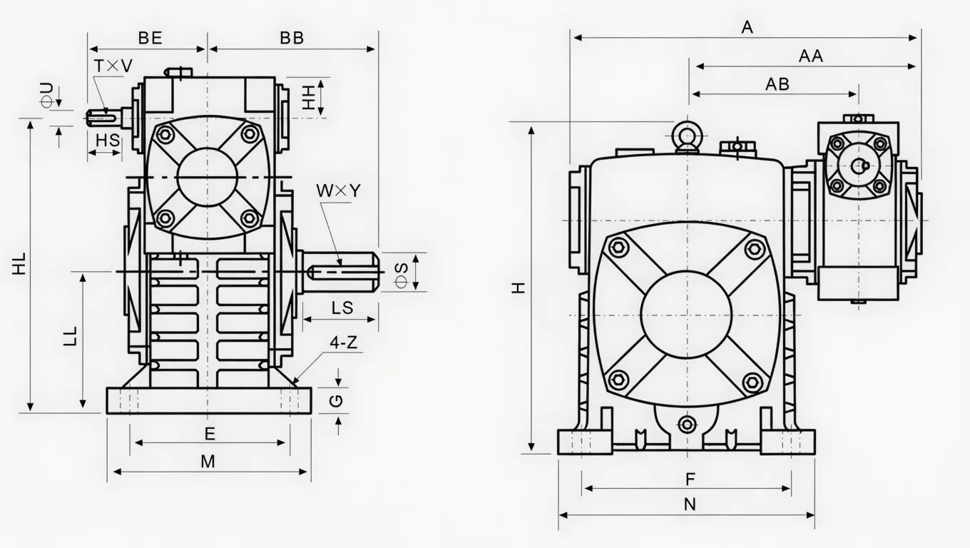 WPES double speed worm reducer with cooling fins specification drawing