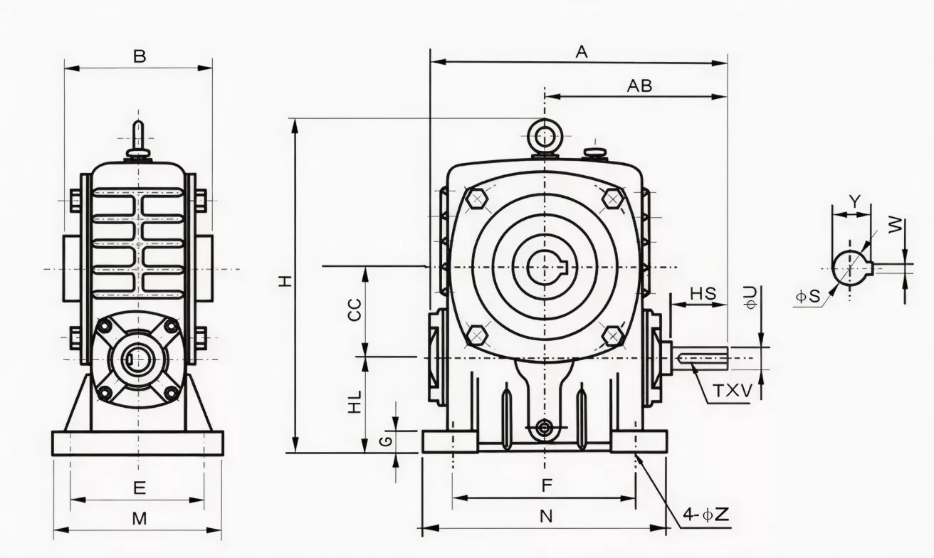 WPKA hollow shaft worm gear reducer specification drawing