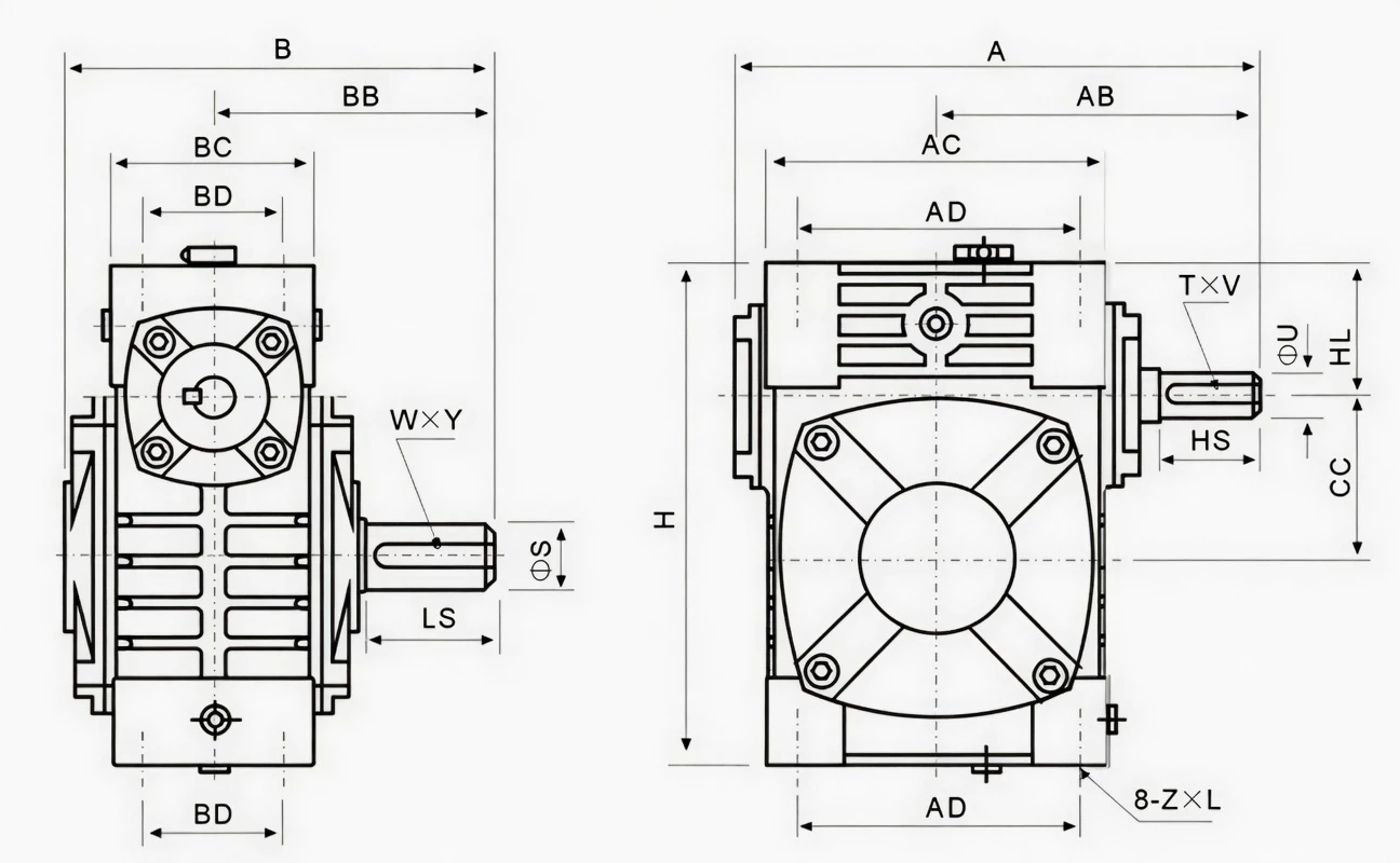 WPW universal speed worm gear reducer specification drawing