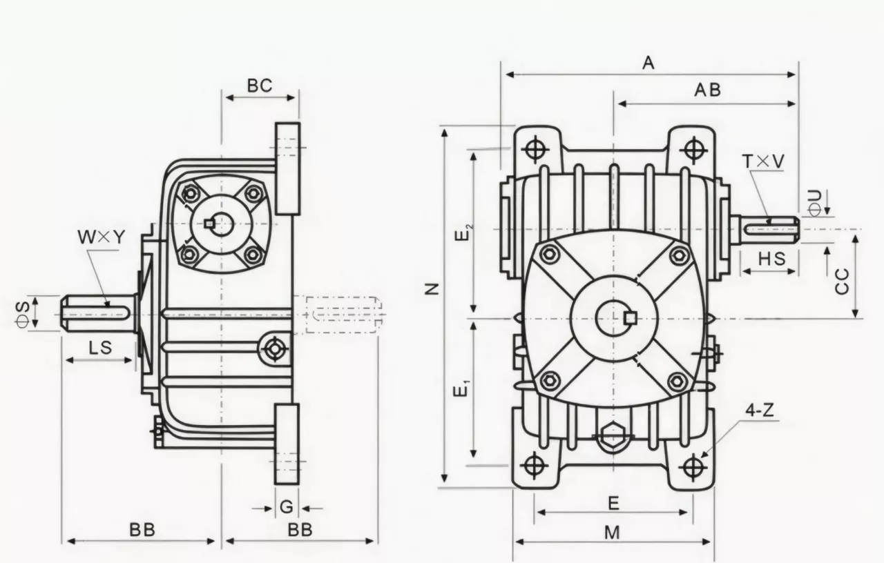 WPO vertical mount worm gear reducer specification drawing