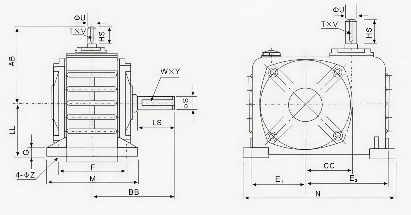 WPZ vertical output worm gear reducer specification drawing