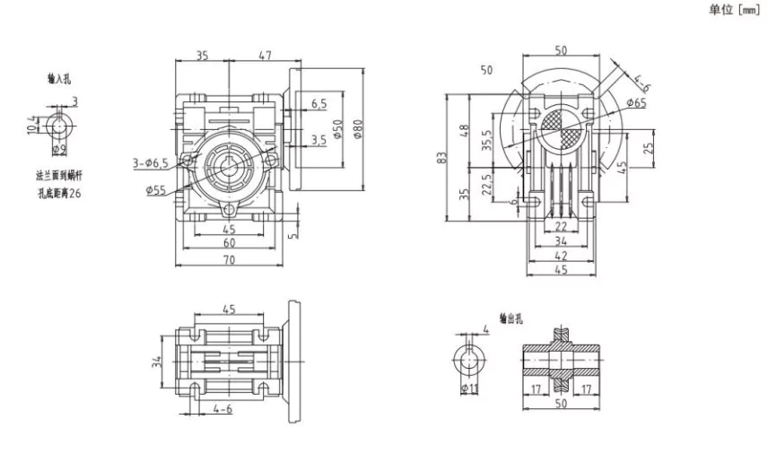 EPNMRV025 aluminium worm gearbox dimension drawing with all key measurements