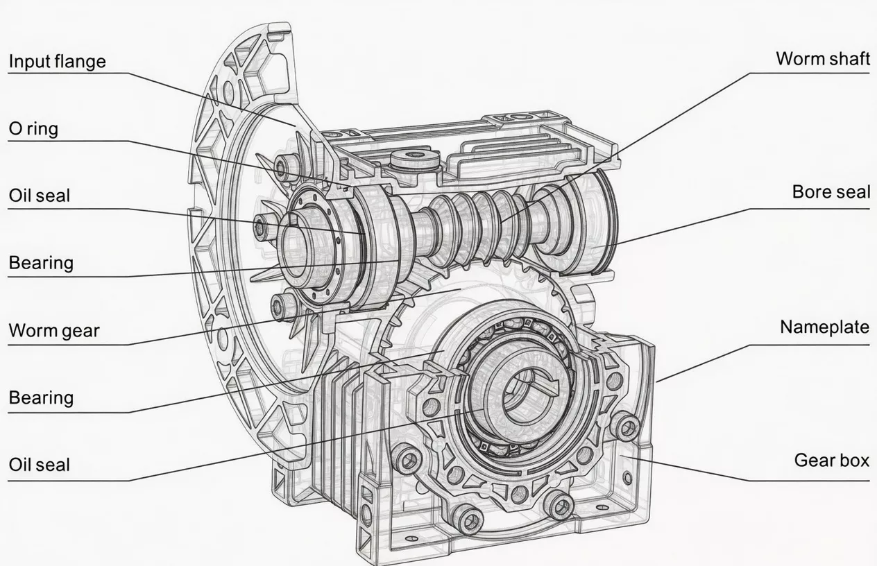 Internal structure of EPNMRV025 aluminium worm gearbox showing worm and wheel